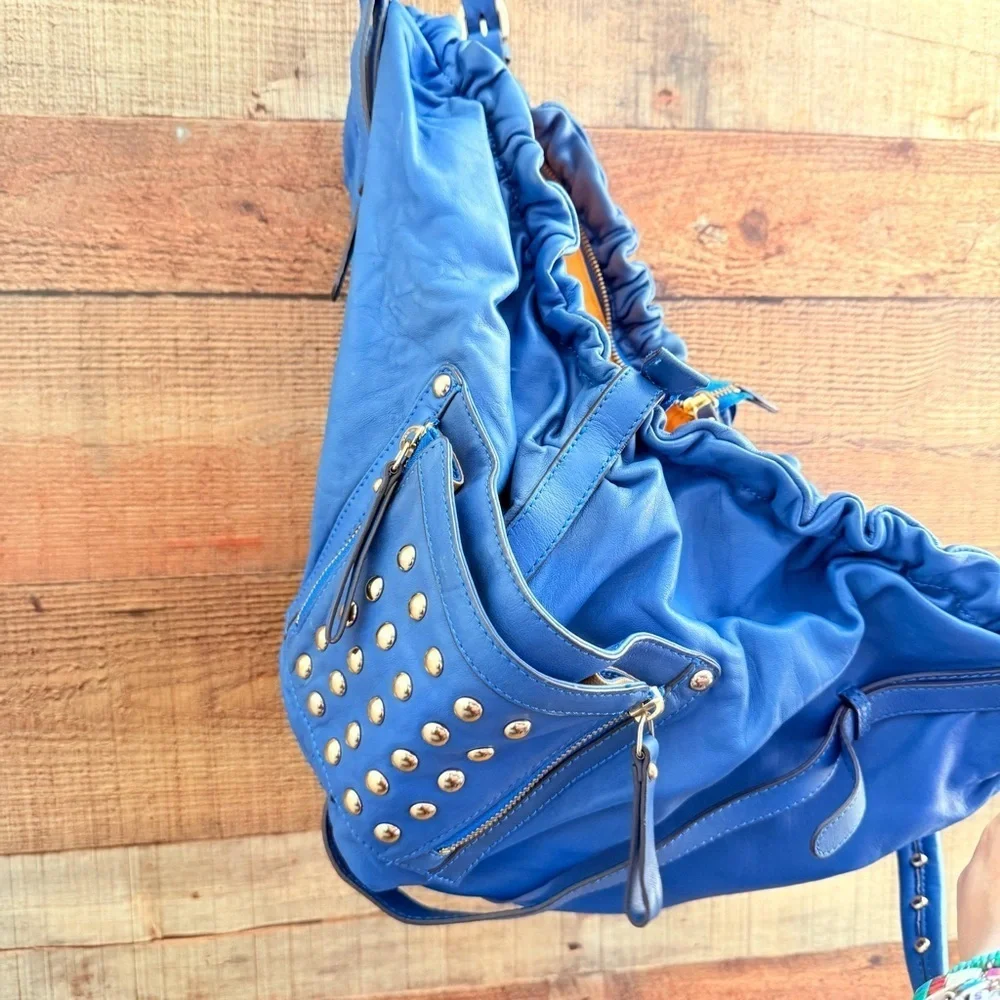 Vintage Hype Blue Leather Studded Oversized Hobo Shoulder Bag